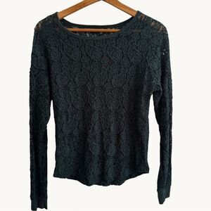 Dark Green Sheer Lace Long Sleeve Top Romantic Goth Boho Small